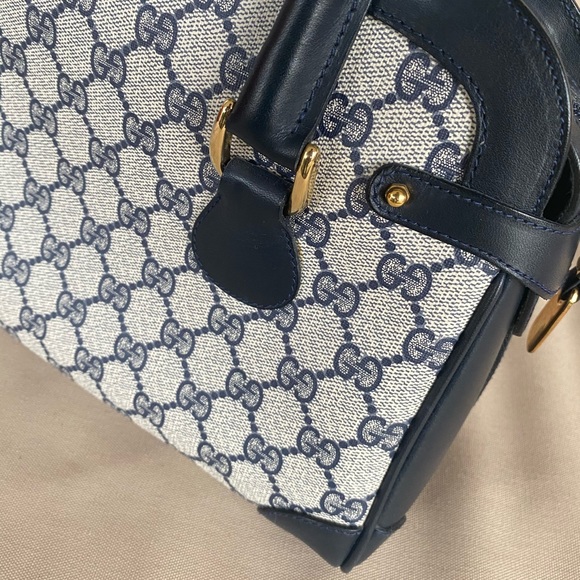 Vintage GUCCI Navy Blue Leather GG Satchel Tote - Picture 7 of 16